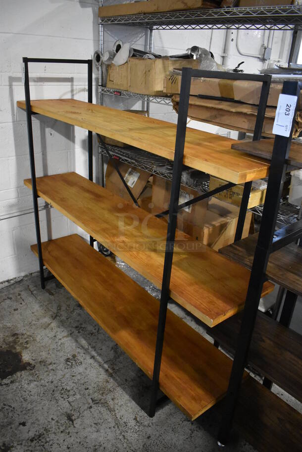 Shelving Unit w/ 3 Wooden Shelves and Black Metal Frame. 63.5x16x56
