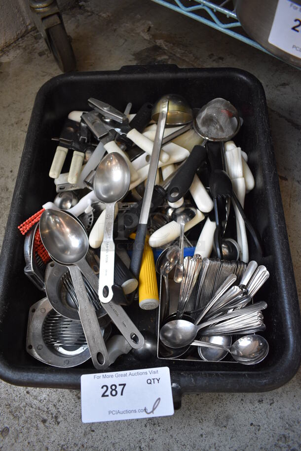 ALL ONE MONEY! Lot of Various Utensils Including Spoons and Spreaders in Black Poly Bus Bin