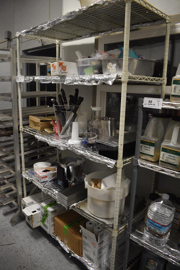 White 5 Tier Wire Shelving Unit w/ Contents Including Soup, Utensils and Receipt Paper Rolls. BUYER MUST REMOVE. BUYER MUST DISMANTLE. PCI CANNOT DISMANTLE FOR SHIPPING. PLEASE CONSIDER FREIGHT CHARGES. 48x18x75. (kitchen) - Image 10 of 10