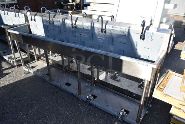 BRAND NEW SCRATCH AND DENT! Advance Tabco FS-FMM-100FV Stainless Steel 16 Gauge Multi Station Hand Sink w/ 5 Faucets, 5 Foot Pedals and Under Shelf. 100x18.5x44 - Image 2 of 7