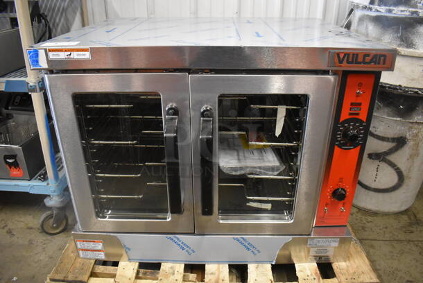 BRAND NEW! Vulcan VC4GD-11D150K Stainless Steel Commercial Natural Gas Powered Full Size Gas Convection Oven w/ View Through Doors, Metal Oven Racks and Thermostatic Controls. 40x31x31