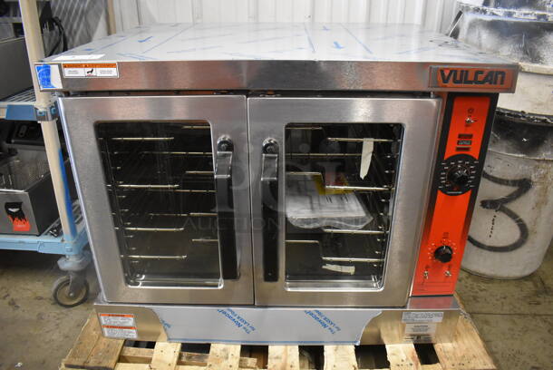 BRAND NEW! Vulcan VC4GD-11D150K Stainless Steel Commercial Natural Gas Powered Full Size Gas Convection Oven w/ View Through Doors, Metal Oven Racks and Thermostatic Controls. 40x31x31 - Image 1 of 9