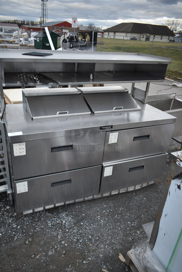 Delfield Stainless Steel Commercial Sandwich Salad Prep Table Bain Marie Mega Top w/ 4 Drawers and 2 Tier Over Shelf.  - Image 1 of 9