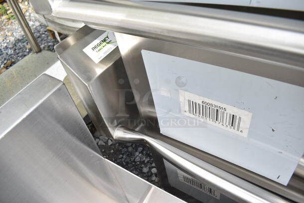BRAND NEW SCRATCH AND DENT! Regency 600S31515 54" 16-Gauge Stainless Steel Three Compartment Commercial Sink with Galvanized Steel Legs and without Drainboards - 15" x 15" x 12" Bowls. No Legs.  - Image 3 of 7