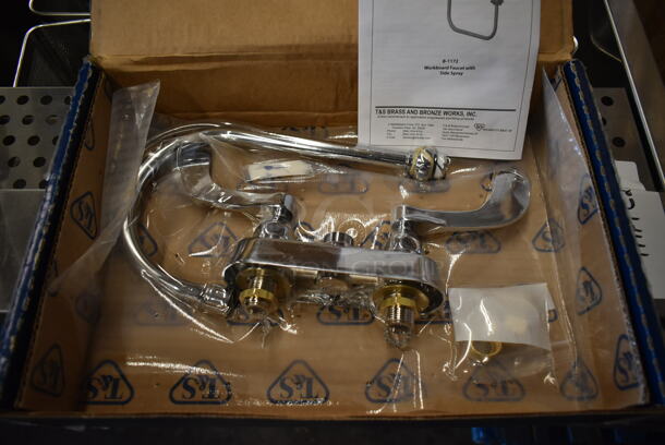 BRAND NEW SCRATCH AND DENT! T&S B-1141-04 Deck Mount Workboard Faucet with 4" Centers, 5 3/4" Gooseneck Spout, 4" Wrist Action Handles, Escutcheon, and Tailpieces - Image 3 of 5