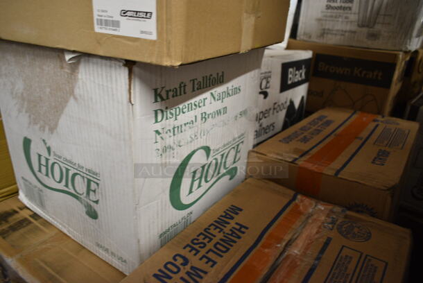 PALLET LOT of 20 BRAND NEW Boxes Including 2 Box 795PTOKFT2 Choice 7 3/4" x 5 1/2" x 2" Kraft Microwavable Folded Paper #2 Take-Out Container - 200/Case, 500CC16 Customizable Plastic Cold Cup, 2 Box 394360M Noble Products Powdered Disposable Vinyl Gloves for Foodservice - 1000/Case, Carlisle 609131 10 oz. 18/8 Mirror Polish Stainless Steel Roll-Top Covered Snack Dish, Choice Black #3 Paper Food Containers, CTR16BF BOWL W/LID 16oz RND 240 SAFESEAL BOWL W/FLAT LID, 346MEDCUP1Z Choice 1 oz. Disposable Polypropylene Graduated Medicine Cup - 5000/Case, Choice Ripple Wall Hot Cups, 966TALLFLDN Choice Kraft Natural Tall-Fold 6" x 13" Dispenser Napkin - 8000/Case, 129MCS28B Choice 28 oz. Black Rectangular Microwavable Heavy Weight Container with Lid 8 3/4" x 6 1/4" x 1 3/4" - 150/Case. 20 Times Your Bid! - Image 6 of 12