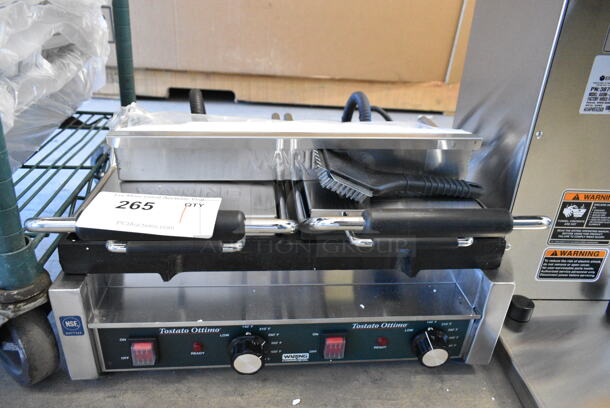 BRAND NEW SCRATCH AND DENT! 2024 Waring WFG300 Stainless Steel Commercial Tostato Ottimo Smooth Top & Bottom Dual Panini Sandwich Grill - 17" x 9 1/4" Cooking Surface. 240 Volts, 1 Phase.  - Image 2 of 9