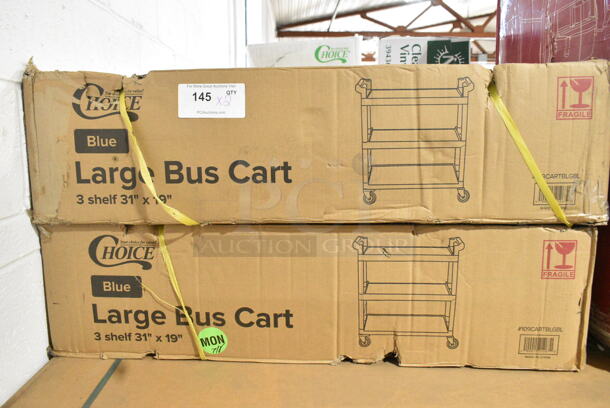 2 BRAND NEW SCRATCH AND DENT! Choice 109CARTBLGBL Blue Utility / Bussing Cart with Three Shelves - 42" x 20". May Be Missing Pieces. 2 Times Your Bid!  - Image 2 of 4