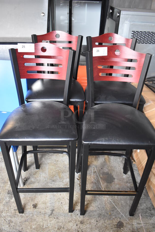 2 Black Metal Bar Height Chairs w/ Wood Pattern Back Rest and Black Seat Cushion. 18x18x43. 2 Times Your Bid! - Image 5 of 5