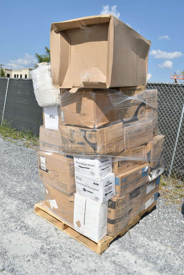 PALLET LOT of 35 BRAND NEW Boxes Including 130BKKNIFEH Choice Black Heavy Weight Plastic Knife - 1000/Case, 130BKSSPOONH Choice Black Heavy Weight Plastic Soup Spoon - 1000/Case, 500CC20 Choice Clear PET Customizable Plastic Cold Cup - 20 oz. - 600/Case, 128HD12COMBO ChoiceHD 12 oz. Microwavable Translucent Plastic Deli Container and Lid Combo Pack - 240/Case, 2 Box Choice 1.5 oz Portion Cups, 500CC24 Choice Clear PET Customizable Plastic Cold Cup - 24 oz. - 600/Case, 2 box 129MCS28B Choice 28 oz. Black Rectangular Microwavable Heavy Weight Container with Lid 8 3/4" x 6 1/4" x 1 3/4" - 150/Case, 5002TP3X496P Lavex Premium 3 1/2" x 4 1/2" Individually Wrapped 2-Ply Standard 500 Sheet Toilet Paper Roll - 96/Case, 612527L Choice 7" Round Foil-Laminated Board Lid - 500/Case, 500TW16S Choice 16 oz. Translucent Thin Wall Squat Plastic Cold Cup - 1000/Case, 130TRAY16 Visions Black PET Plastic 16" Thermoform Catering / Deli Tray - 25/Case, 500CC9 Choice 9 oz. Clear PET Customizable Plastic Squat Cold Cup - 1000/Case, 2 Box 5001RT800N Lavex 8" Natural Kraft Hardwound Paper Towel, 800 Feet / Roll - 6/Case, 164VYCHAIRBK Lancaster Table & Seating Vineyard Series Smokey Black Outdoor Cross Back Chair. 35 Times Your Bid!  - Image 1 of 12