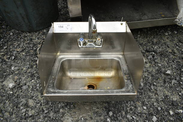 Stainless Steel Commercial Single Bay Wall Mount Sink w/ Faucet, Handles and Side Splash Guards. - Image 1 of 4