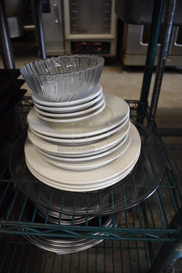 ALL ONE MONEY! Lot of 16 Various Dishes; Glass Plate, Glass Bowl and 14 White Ceramic Plates!