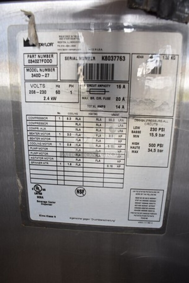 Taylor 340D-27 Stainless Steel Commercial Countertop Single Flavor Frozen Beverage Machine w/ Drink Mixer Attachment. 208-230 Volts, 1 Phase. 18x32x31 - Image 6 of 7