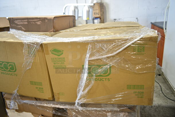 PALLET LOT of 30 BRAND New Boxes Including Approx 25 8"x13" 35/5 White Freezer 25# Bundle Sheets, Eco-Products EP-RC16 16 oz. PLA Plastic Compostable Rectangular Deli Container and Lid - 300/Case, BonFair BF5216 BLK Inserts. 30 Times Your Bid!  - Image 2 of 5