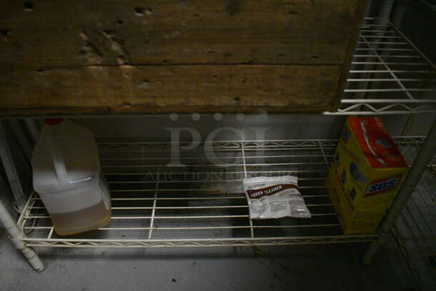 White Finish 4 Tier Wire Shelving Unit w/ Contents Including Paint, Wooden Crate. BUYER MUST REMOVE. BUYER MUST DISMANTLE. PCI CANNOT DISMANTLE FOR SHIPPING. PLEASE CONSIDER FREIGHT CHARGES. 36x14x54.5 (kitchen) - Image 5 of 7