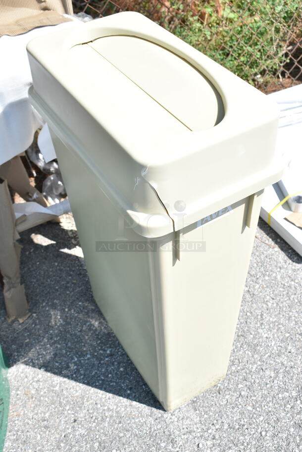 4 BRAND NEW SCRATCH AND DENT! Items Including 475WH23BG Lavex 23 Gallon Beige Slim Trash Can, 164VYBARSTES Lancaster Table & Seating Vineyard Series Whiskey Brown Wood Outdoor Cross Back Bar Stool, Lavex Green Mop Bucket, Wood Pattern Stool. 4 Times Your Bid!  - Image 5 of 12