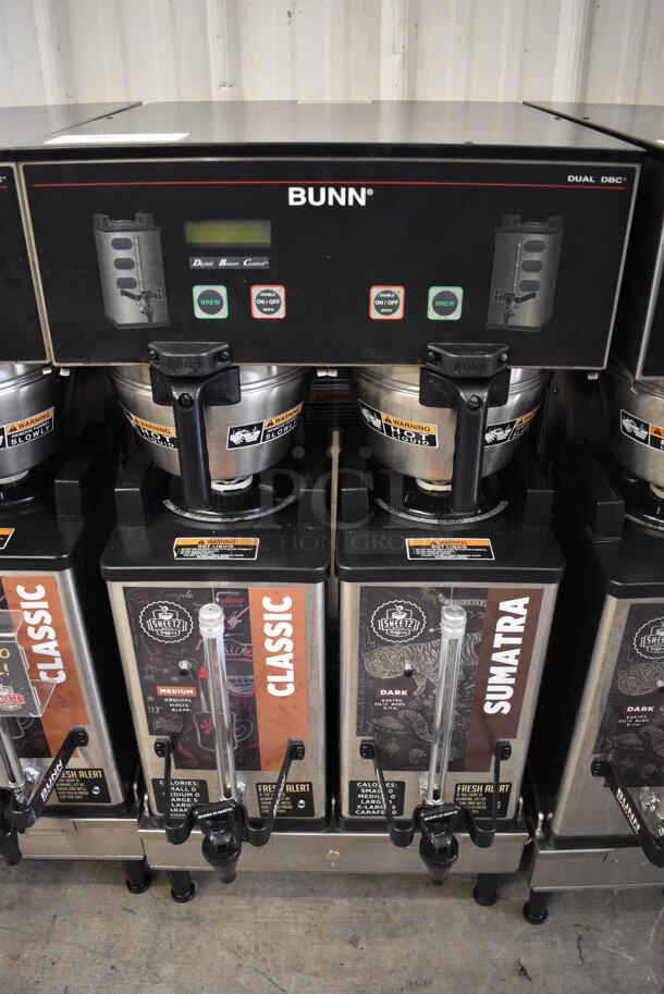 2012 Bunn Model DUAL SH DBC Stainless Steel Commercial Countertop Dual Coffee Machine w/ 2 Stainless Steel Brew Baskets and 2 Bunn Model SH SERVER Satellite Servers. 120/208-240 Volts, 1 Phase. 18x24x36. Tested and Working! - Image 1 of 5