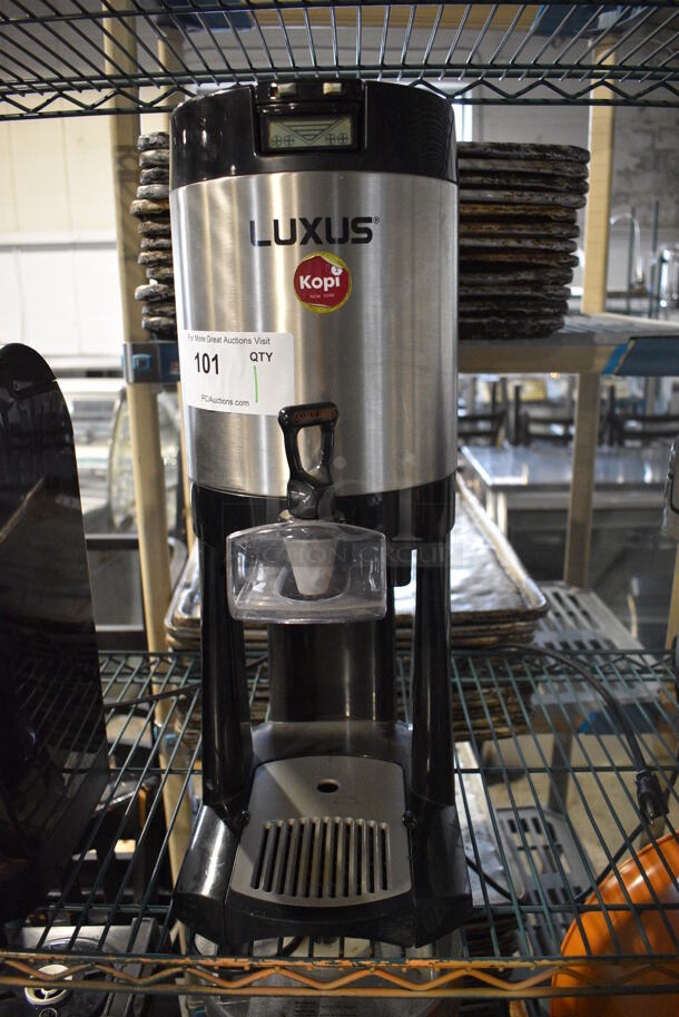 Luxus Chrome Finish Coffee Urn on Stand w/ Drip Tray. 8.5x11.5x21