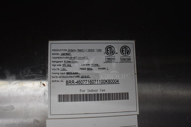 Bison Model MBF8507 Stainless Steel Commercial 2 Door Reach In Cooler w/ Poly Coated Racks on Commercial Casters. 115 Volts, 1 Phase. 54x32x83.5. Tested and Working! - Image 4 of 6