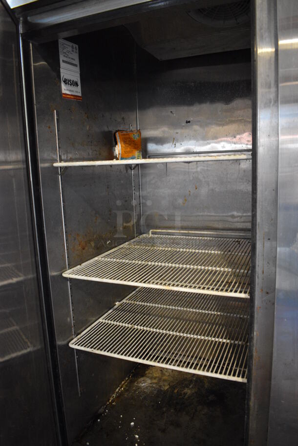Bison Model MBF8507 Stainless Steel Commercial 2 Door Reach In Cooler w/ Poly Coated Racks on Commercial Casters. 115 Volts, 1 Phase. 54x32x83.5. Tested and Working! - Image 5 of 6
