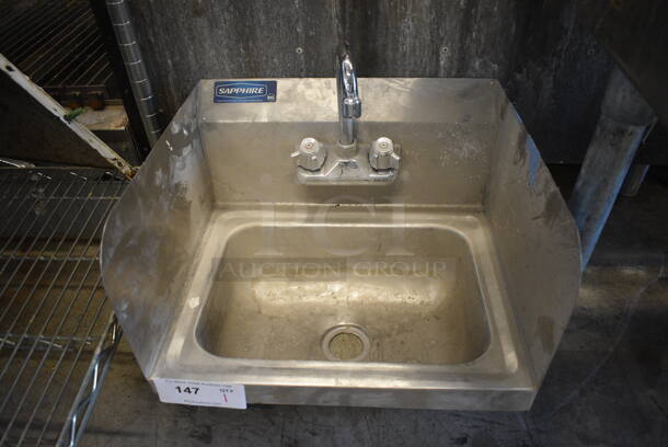 Stainless Steel Commercial Single Bay Wall Mount Sink w/ Faucet, Handles and Side Splash Guards. 17.5x16x18