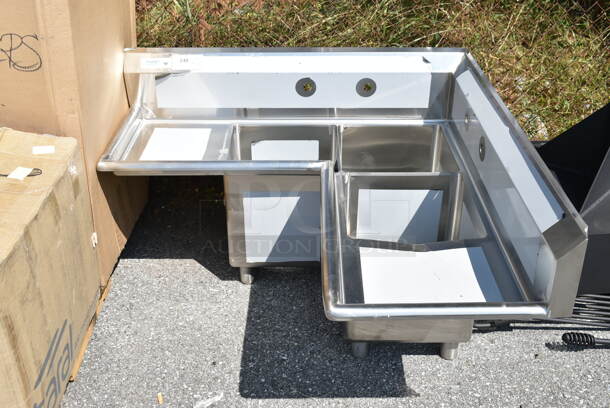 BRAND NEW SCRATCH AND DENT! Regency 600S3141414C Stainless Steel 44 1/2" 16 Gauge Stainless Steel Three Compartment Commercial Corner Sink with Two Drainboards - 14" x 14" x 14" Bowls. No Legs. - Image 2 of 10