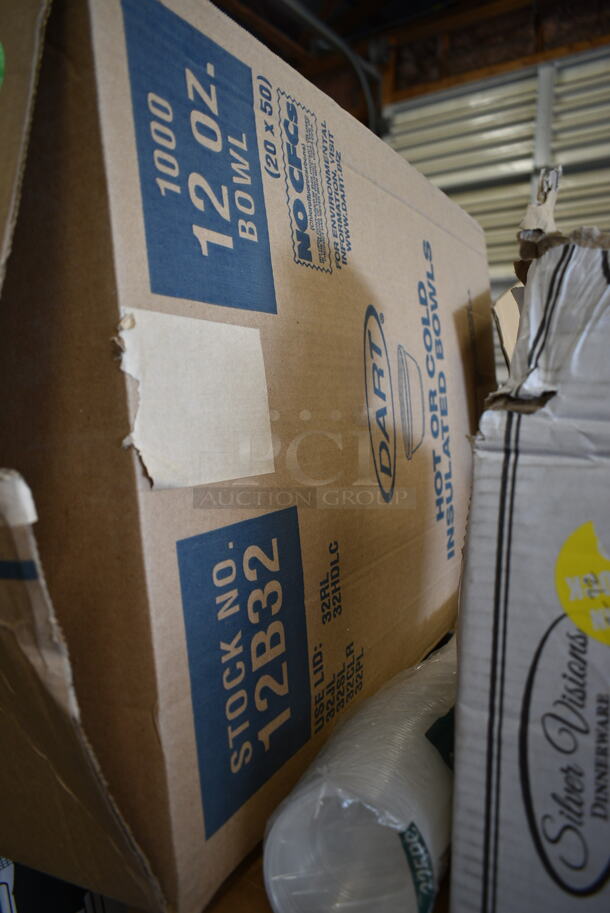 PALLET LOT of 20 BRAND NEW Boxes Including 164CUSHVYCN1 Lancaster Table & Seating Vineyard Series 1" Canvas Chair and Bar Stool Cushion with Ties, Dart 85HT3R 8" x 8" x 3" White Foam Three-Compartment Square Take Out Container with Perforated Hinged Lid - 200/Case, RNP32-162388 Pelicans Snoball Cups, 485WJ7RWH Choice 7 3/4" Jumbo White and Red Wrapped Straw - 12000/Case, Dart 12B32 12 oz. Insulated White Customizable Foam Container - 1000/Case, 245CPB20WHT White Corrugated Pizza Box. 20 Times Your Bid! - Image 9 of 12
