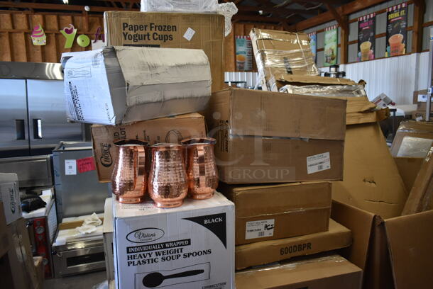 PALLET LOT of 30 BRAND NEW! Boxes Including 760IC16Y Choice 16 oz. Yellow Paper Frozen Yogurt / Soup / Food Cup - 1000/Case, 2 Box 433CARRIER4 Pulp Fiber 4 Cup Carrier - 300/Case, 4 Box 127CH16S Choice 16 oz. Clear RPET Shallow Hinged Deli Container - 200/Case, 500LFLAT Choice Clear Flat Lid with Straw Slot - 9, 12, 16, 20, and 24 oz. - 1000/Case, 129MCS28B Choice 28 oz. Black Rectangular Microwavable Heavy Weight Container with Lid 8 3/4" x 6 1/4" x 1 3/4" - 150/Case, Lavex Jumbo Toilet Paper, 2 Box 130HBKCUTSSW  Visions Individually Wrapped Black Heavy Weight Plastic Soup Spoon - 1000/Case, 600DBPR Regency 20" x 20" x 2 1/4" 18-Gauge Stainless Steel Scrap / Pre-Rinse Basket with Stainless Steel Slides, 4856237063FISH StrawFish 5 3/4" Black Unwrapped Jumbo Cocktail Straw - 5000/Case, 128HD16BULK ChoiceHD 16 oz. Microwavable Translucent Plastic Deli Container - 480/Case,  128HD32COMBO Choice 32 oz. microwavable translucent plastic deli, 129MCS28B Choice Black Rectangular Microwavable Heavy Weight Container. 30 Times Your Bid! - Image 7 of 9