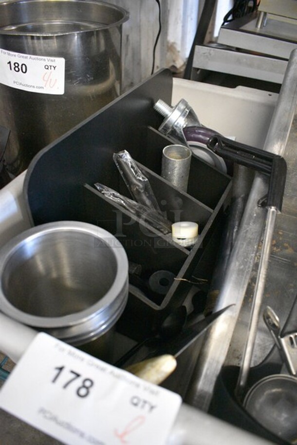 ALL ONE MONEY! Lot of Various Items Including Black Holder, Round Metal Bins and Ice Cream Scoop in Gray Poly Bus Bin. 21x15x7. - Image 4 of 4