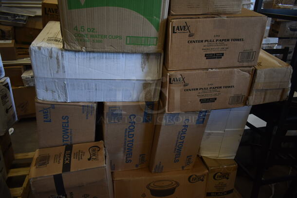 PALLET LOT of 25 BRAND NEW! Boxes Including CC45 EcoTouch 4.5 oz Cone Water Cups, 2 Box 5002CPTE Lavex 2-Ply White Center Pull Economy Paper Towel 510' Roll - 6/Case, 3 Box 500CFT Lavex White C-Fold Standard Weight Towel - 2400/Case, 129MCR24B ChoiceHD 8 oz. Microwavable Translucent Plastic Deli Container - 480/Case, 2 Box 129MCR32B Choice 32 oz. Black Round Microwavable Heavy Weight Container with Lid 7 1/4" - 150/Case, 3 Box 795PTOWHT2  Choice 7 3/4" x 5 1/2" x 2" White Microwavable Folded Paper #2 Take-Out Container - 200/Case, STI-2115 Heart Shape Container. 25 Times Your Bid! - Image 3 of 9