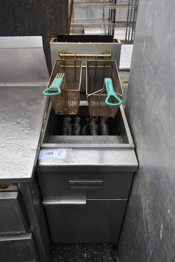 Patriot PT-F4-NG Stainless Steel Commercial Floor Style Natural Gas Powered Deep Fat Fryer w/ 2 Metal Fry Baskets. 120,000 BTU. - Image 1 of 6