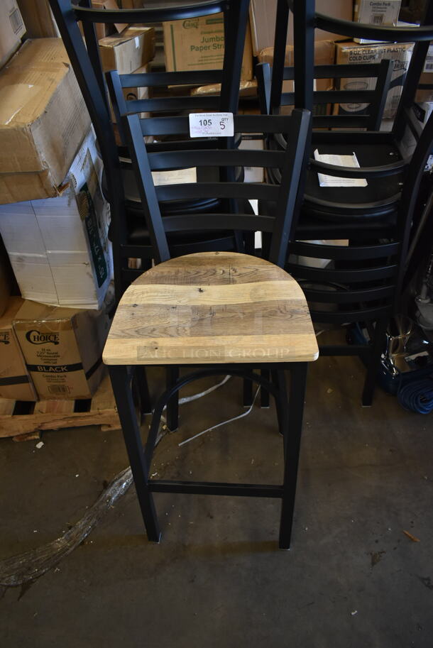 5 BRAND NEW SCRATCH AND DENT! Black Metal Bar Height Chairs; 4 w/ Black Seat Cushion and 1 w/ Wood Pattern Seat. 5 Times Your Bid! - Image 3 of 5