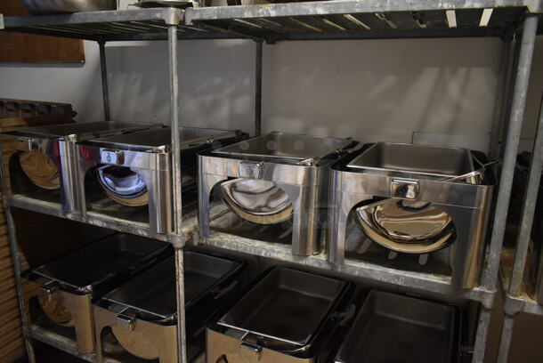 Chrome Finish 3 Tier Wire Shelving Unit w/ Contents Including Chafing Dishes. BUYER MUST REMOVE: BUYER MUST DISMANTLE. PCI CANNOT DISMANTLE FOR SHIPPING. PLEASE CONSIDER FREIGHT CHARGES. (hallway) - Image 3 of 4