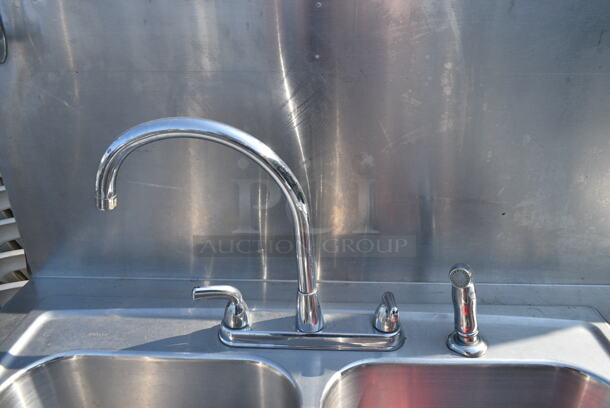 Stainless Steel 2 Bay Sink w/ Faucet, Handles, Back Splash and Under Shelf.  - Image 3 of 9
