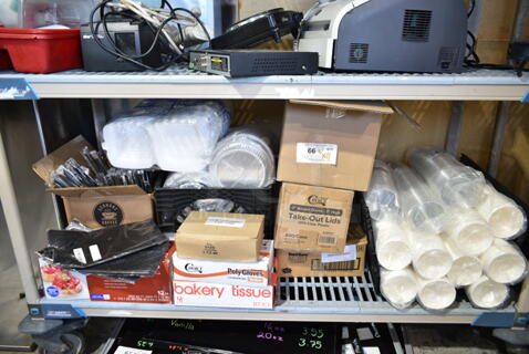 ALL ONE MONEY! Tier Lot of Various Items Including Plastic Wrap, Choice Poly Gloves, Bakery Tissue, 612P527 Choice 7" Clear Round Plastic Dome Lid - 500/Case, Sani-Sure Soft Serve Sanitizer and Cleaner, 999CC16 Cups. 