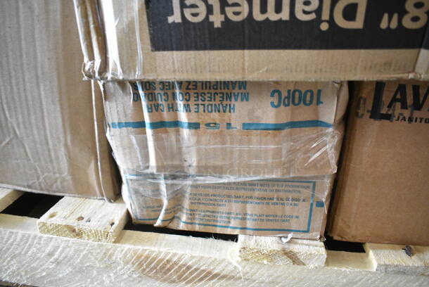 PALLET LOT of 45 BRAND NEW Boxes Including 5002386022BLK Lavex 55-60 Gallon 22 Micron 38" x 60" High Density Black Janitorial Can Liner / Trash Bag - 150/Case, 394365L Noble Products Powder-Free Disposable Clear Vinyl Gloves for Foodservice - Large - 1000/Case, 2 Box 130BSPOON Choice Medium Weight Black Plastic Teaspoon - 1000/Case, 394325L Noble NexGen Powder-Free Disposable Blue Hybrid 3 Mil Thick Gloves - 1000/Case, 5002CPTE Lavex 2-Ply White Center Pull Paper Towel 510' Roll - 6/Case, 612558HD Choice 8" Round Heavy Weight Foil Take-Out Pan - 500/Case, 3 Box Lavex Hardwound 665' Rolls, 128HD32COMBO ChoiceHD 32 oz. Microwavable Translucent Plastic Deli Container and Lid Combo Pack - 240/Case, 2 Box 346WKFSNSPM Choice White Medium Weight Wrapped Plastic Cutlery Pack with Napkin and Salt / Pepper Packets - 500/Case, 500CC12 Choice Clear PET Customizable Plastic Cold Cup - 12 oz. - 1000/Case, Tellus Round Domed Lids, 407PZS12BULK Choice Bulk 12" Aluminum Pizza Screen - 24/Case, 130LID16 Visions 16" Clear PET Plastic Round Catering Tray High Dome Lid - 25/Case. 45 Times Your Bid!  - Image 9 of 12