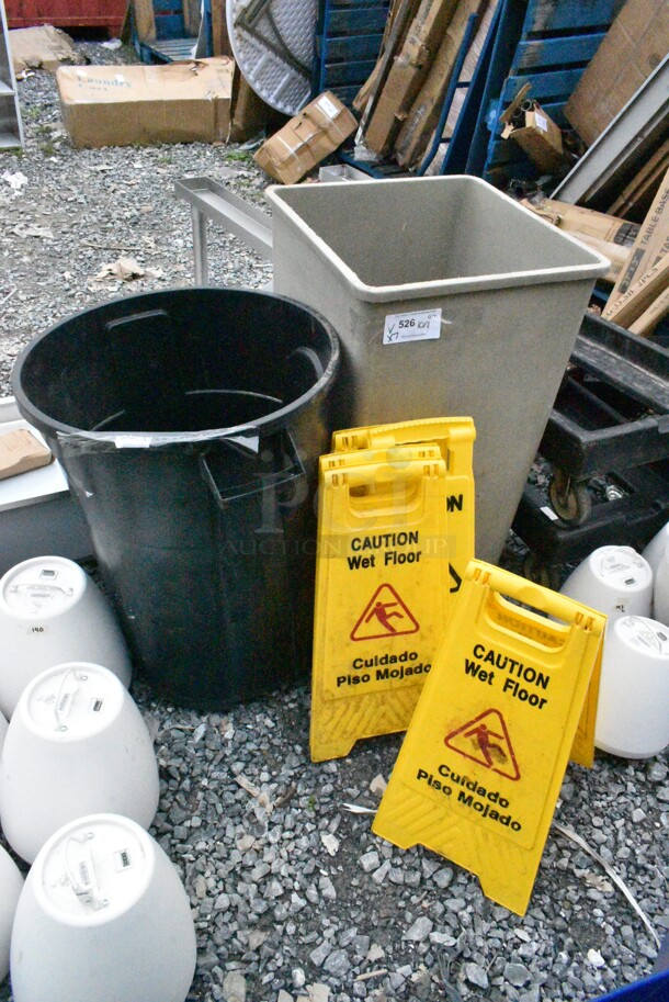 7 Various Items Including Trash Cans, Wet Floor Caution Signs. 19.5x19.5x35, 25x21x29.5, 12x24. 7 Times Your Bid! - Image 1 of 6