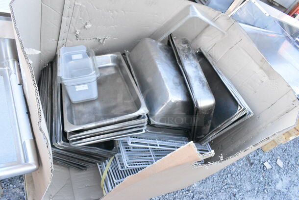 Box of Various Items Including Stainless Steel Drop In Bins and Racks.  - Image 1 of 2