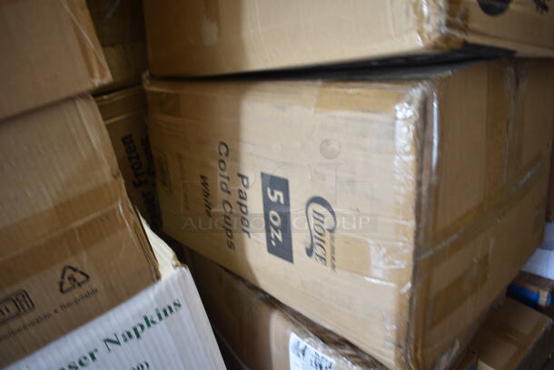 PALLET LOT of 35 BRAND NEW Boxes Including 750IC06B Choice 6 oz. Blue Paper Frozen Yogurt / Food Cup - 1000/Case, PP883 Ivory Containers, 966TALLFLDB Choice White Tall-Fold 6" x 13" Dispenser Napkin - 8000/Case, 2 Box 5001RT800B Lavex 8" White Hardwound Paper Towel, 800 Feet / Roll - 6/Case, 130BHWPLAFR EcoChoice Heavy Weight 6 1/2" Black CPLA Plastic Fork - 1000/Case, 500CFT Lavex White C-Fold Standard Weight Towel - 2400/Case, 43208500 Choice Black Beverage Napkins, 500LFLAT Choice Clear Flat Lid with Straw Slot - 9, 12, 16, 20, and 24 oz. - 1000/Case, 5001RT350B Lavex White Hardwound Paper Towel, 350 Feet / Roll - 12/Case, 795PTOKFT3 Choice Kraft Microwavable Folded Paper #3 Take-Out Container 7 3/4" x 5 1/2" x 2 1/2" - 200/Case, Elkay EZWSR Zurn Elkay ezH20 EZWSR Stainless Steel Non-Filtered Bottle Filling Station - Non-Refrigerated, 347RP9WHSS Visions Wave 9" White Plastic Plate - 180/Case. 35 Times Your Bid!  - Image 8 of 12