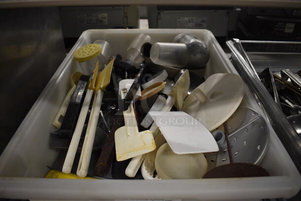 ALL ONE MONEY! Lot of Various Utensils and Food Processor Blade in White Poly Bin! 18x26x6 - Image 2 of 5