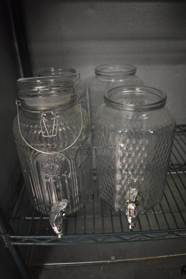 4 Various Glass Beverage Jar Dispensers. Missing 3 Lids. Includes 6x9x10. 4 Times Your Bid! (kitchen)
