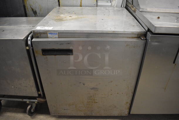 Delfield Model 407CA Stainless Steel Commercial Single Door Undercounter Cooler on Commercial Casters. 115 Volts, 1 Phase. 27.5x28x33. Tested and Powers On But Does Not Get Cold