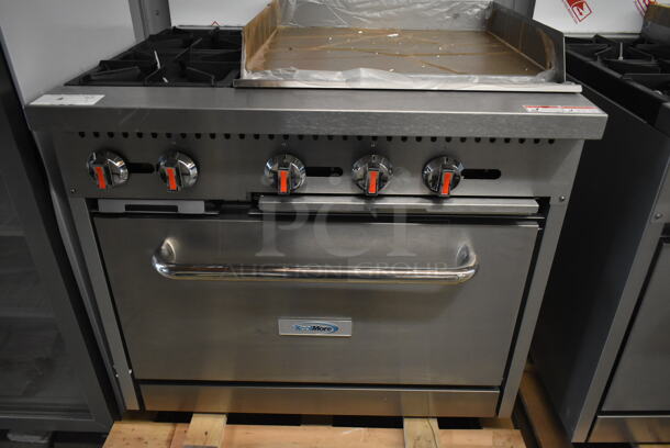 BRAND NEW SCRATCH AND DENT! KoolMore Stainless Steel Commercial Natural Gas Powered 2 Burner Range w/ Flat Top Griddle, Oven, Over Shelf and Back Splash.  - Image 3 of 11