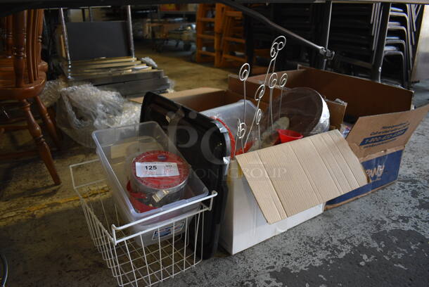 ALL ONE MONEY! Lot of 3 Bins of Various Items Including Aprons and Various Items - Image 1 of 4