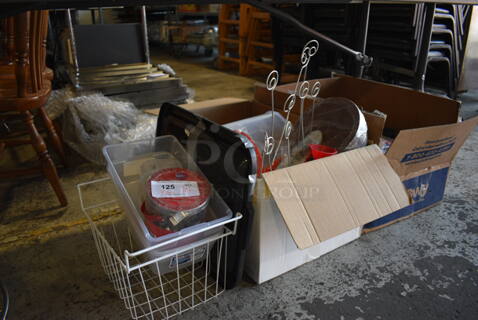 ALL ONE MONEY! Lot of 3 Bins of Various Items Including Aprons and Various Items