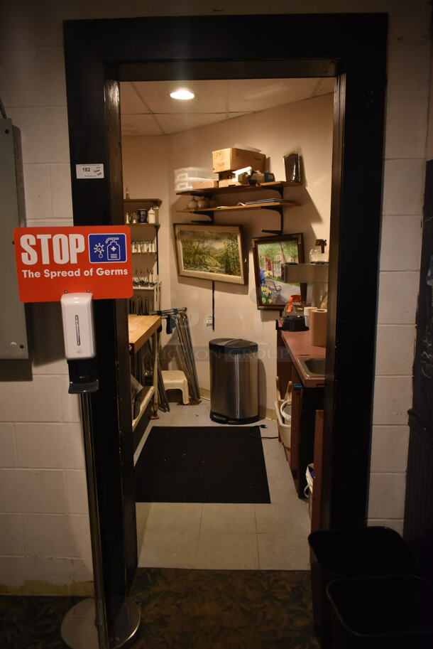ALL ONE MONEY! ROOM LOT of Various Items Including Coffee Pot Warmers, Coffee Pots Stainless Steel Table and Butcher Block Table. BUYER MUST REMOVE. (hallway) - Image 1 of 10