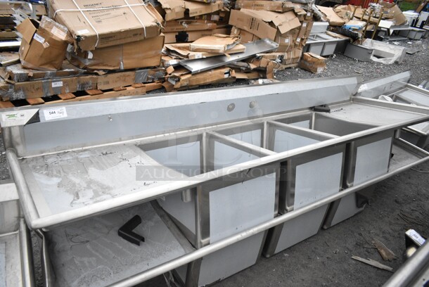 BRAND NEW SCRATCH AND DENT! Regency 600S32028224 115" 16-Gauge Stainless Steel Three Compartment Commercial Sink with 2 Drainboards - 20" x 28" x 14" Bowls. No Legs.  - Image 2 of 10