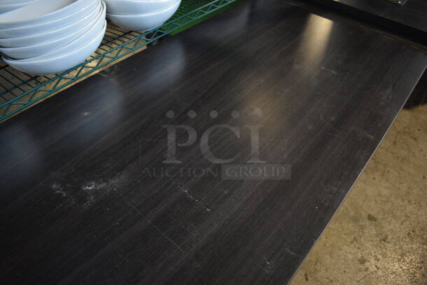Dark Gray Wood Pattern Dining Table on 2 Black Metal Straight Leg Table Bases. Stock Picture - Cosmetic Condition May Vary. 48x24x29.5 - Image 3 of 4