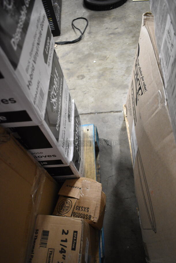 PALLET LOT of 20 BRAND NEW Boxes Including 5 Box Large Noble Gloves, 21485-50 2-1/4"x85' Thermal Paper Rolls, Bakers Mark Dough Box Dolly, 2 Box 500LFLAT32 Choice Clear Plastic Flat Lid with Straw Slot - 32 oz. - 500/Case, 612OB4LB Choice 4 lb. Oblong Foil Take-Out Container - 250/Case, Dart 12BWWCR Concorde 10-12 oz. White Non-Laminated Round Foam Bowl - 1000/Case, 795PTOBK3 Choice 7 3/4" x 5 1/2" x 2 1/2" Black Microwavable Folded Paper #3 Take-Out Container - 200/Case, Tellus 43347. 20 Times Your Bid! - Image 3 of 12
