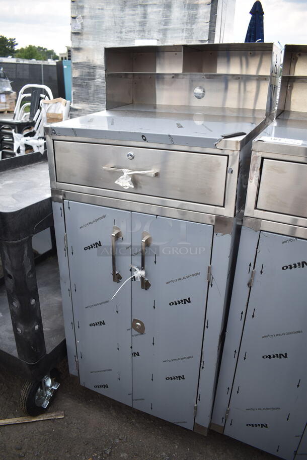 BRAND NEW SCRATCH AND DENT! Stainless Steel Commercial Counter w/ Drawer and 2 Doors on Commercial Casters.  - Image 1 of 5